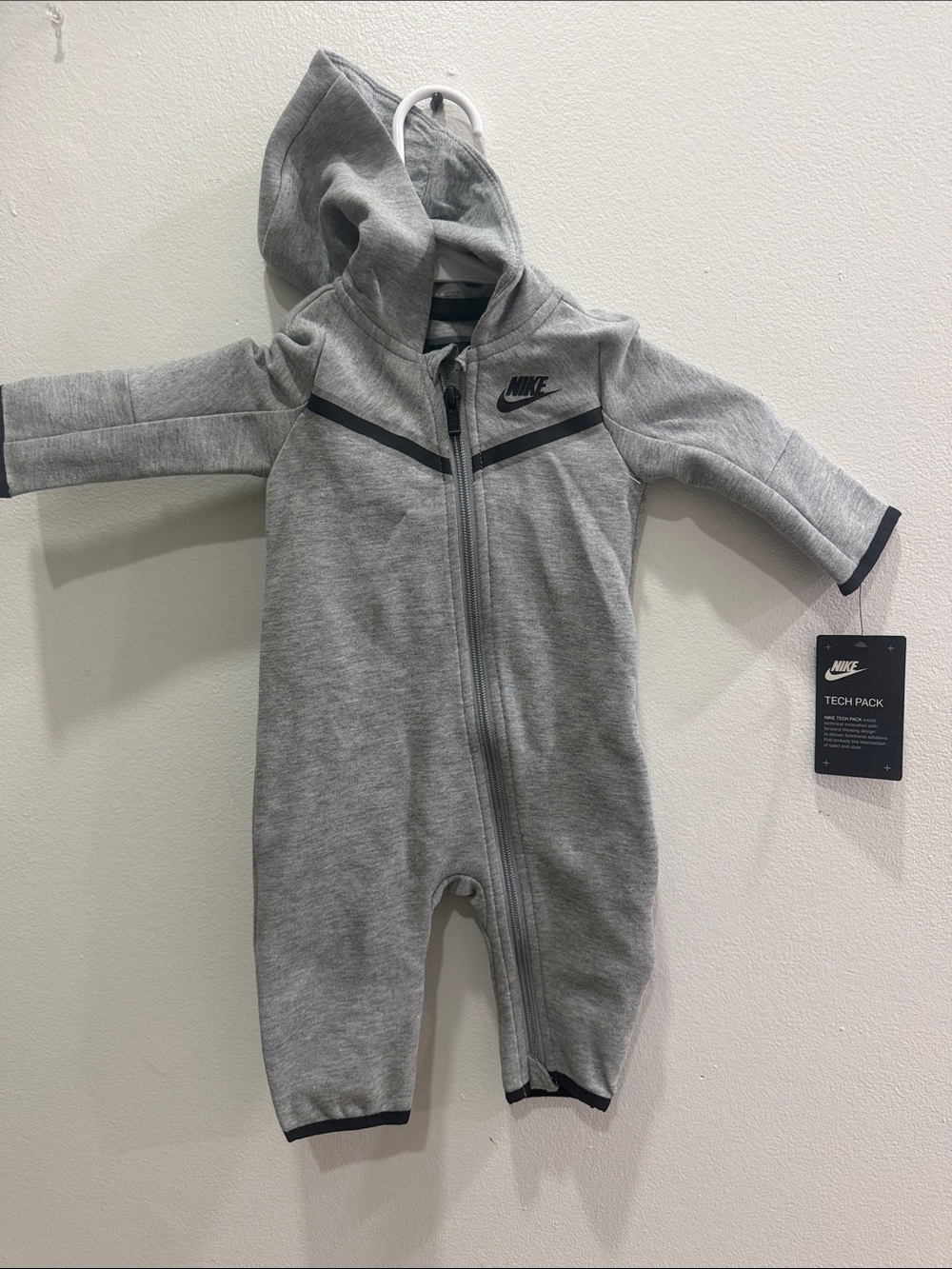 Nike Gray Hooded Infant One-Piece Romper with Black Trim